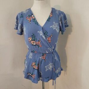 One Clothing Floral Wrap Romper Blue Flutter Sleeve Ruffle Hem XS